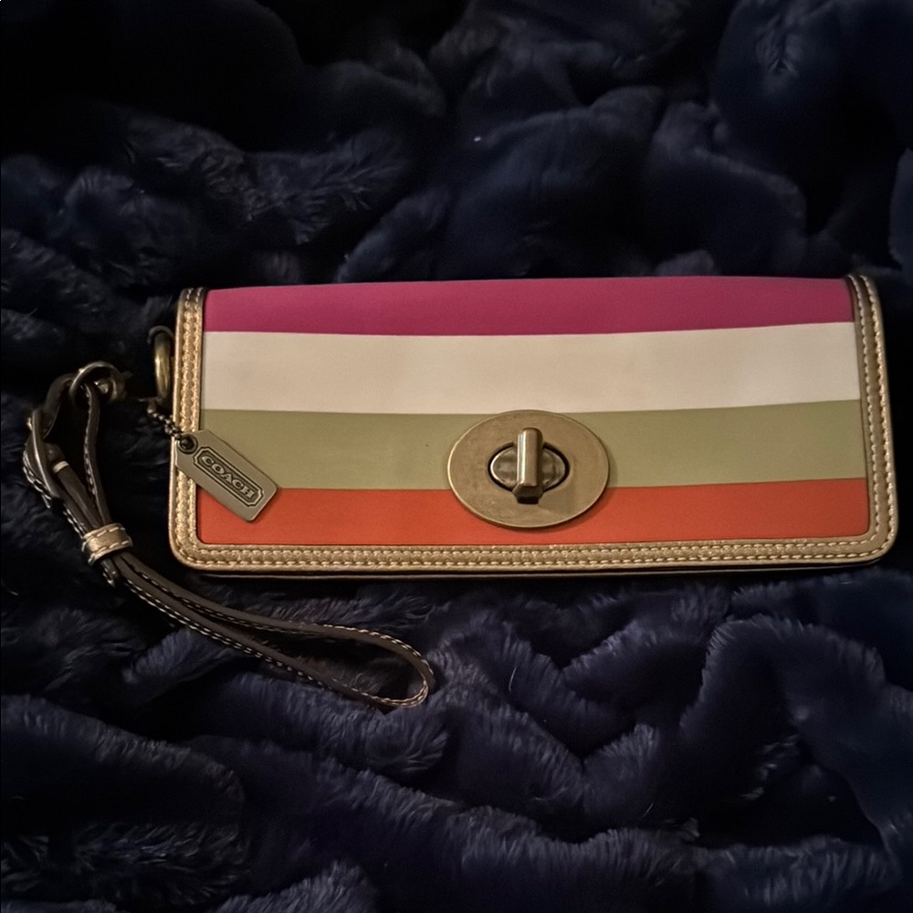 Coach Pink and White Striped Wristlet Clutch